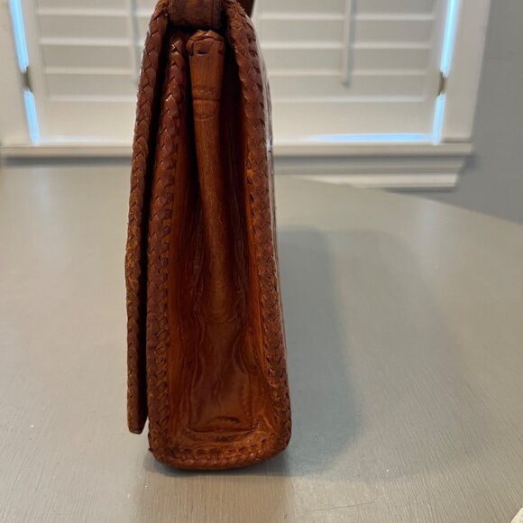 Vintage Tooled Cut Out Leather Handbag Purse Brown Green - Picture 4 of 15